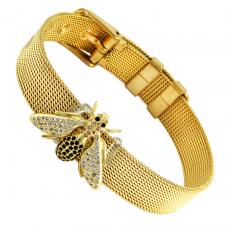 Stainless Steel Gold PVD Mesh Bracelet W/ Bumble Bee Charm